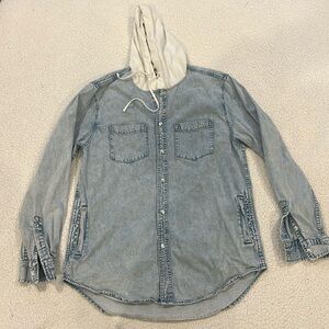 Denim button down hoodie.